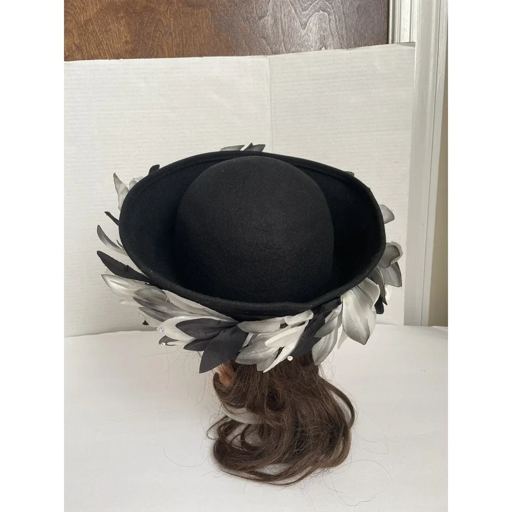 Vintage Wool Hat Black Doeskin Felt Bollman Black w/wreath Theater Costume USA